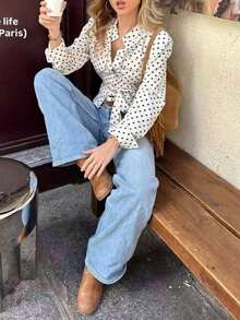 Camisa de mujer con estampado de lunares, de primavera/verano, nueva, informal, con cuello alto, botones delanteros, cintura con lazo, diseño elegante y ajuste ceñido para uso diario y viajes, color blanco - Blanco - Ver 5