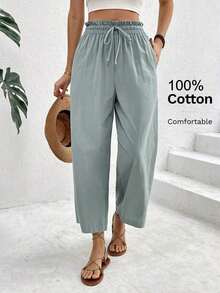 Pantalones casuales de mujer con cintura con cordón a cuadros - Verde - Ver 1