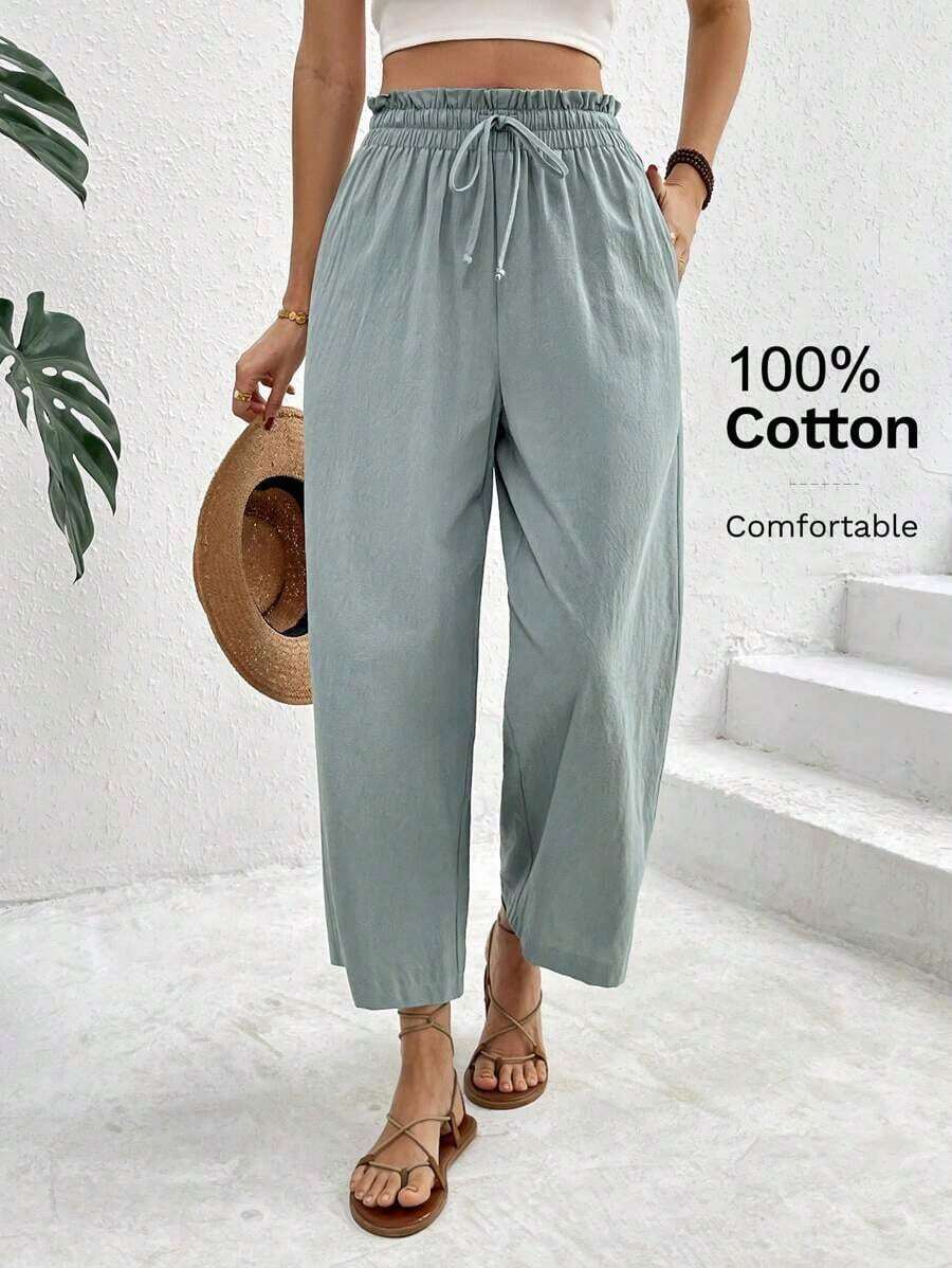 Pantalones casuales de mujer con cintura con cordón a cuadros - Verde - Ver 1