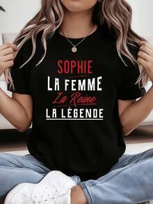 French SOPHIE LA FEMME The Queen LA LEGEND Women's Round Neck T-Shirt, Exclusive Creative Individual Design With French Queen Style Letter Print, Suitable For Spring Summer Autumn, Casual Style, Comfortable Fit, Fashion Design, Versatile For Everyday Wear - 黑色 - 查看 1