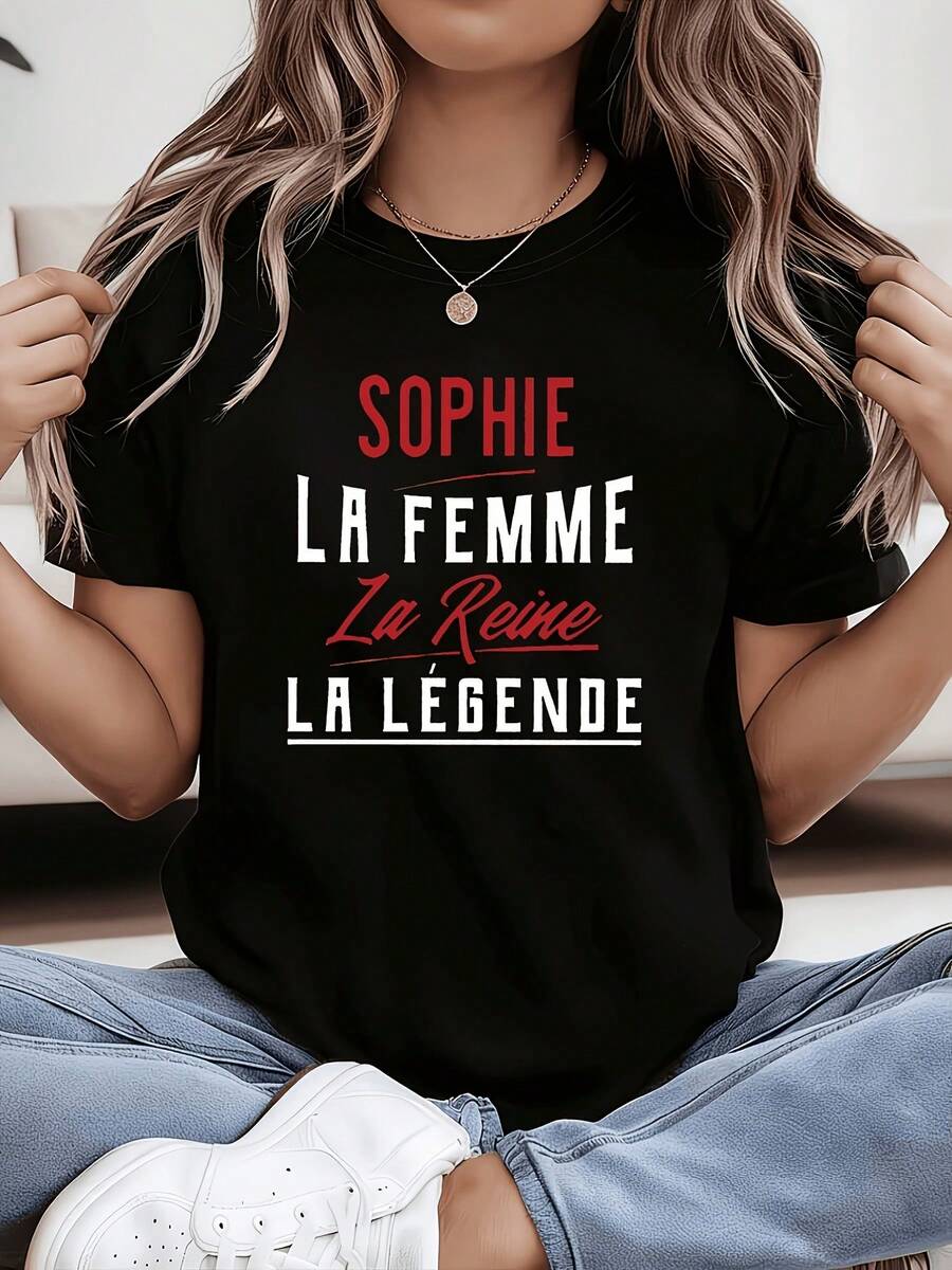 French SOPHIE LA FEMME The Queen LA LEGEND Women's Round Neck T-Shirt, Exclusive Creative Individual Design With French Queen Style Letter Print, Suitable For Spring Summer Autumn, Casual Style, Comfortable Fit, Fashion Design, Versatile For Everyday Wear - 黑色 - 查看 1