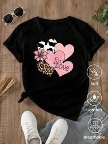 Camiseta de manga corta estampada de moda primavera-verano 2026, fabricada en México, decorada con patrones de dibujos animados. Adecuado para uso en interiores y exteriores. Prenda única, diseño clásico de cuello redondo, una opción ideal para el lugar de trabajo y ocasiones informales. - Negro - Ver 2