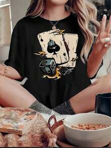 Camiseta de manga corta 100% algodón con estampado creativo de as de pica, estilo póker, para mujer. Camiseta deportiva casual sencilla, cómoda para el verano, ideal para vacaciones y uso diario informal. 100% algodón. - Negro - Ver 6