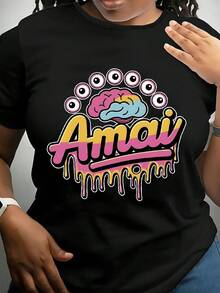 Talla Grande - Camiseta casual de cuello redondo para mujer con diseño floral "Amaa" - Mangas cortas, ligeramente elástica, patrón geométrico, adecuada para primavera y verano, camiseta para uso diario. | Camiseta con diseño llamativo | Camisas de algodón para mujer con superficie brillante, blusas negras para damas - Negro - Ver 1