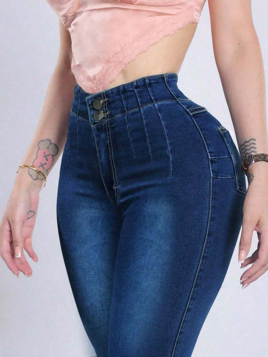 Jeans de talle alto, pantalones lápiz de ajuste ceñido para realzar la figura, adecuados para primavera y verano, vacaciones, festivales, vaquera, pantalones, salir, pantalones vaqueros de mujer, vaquera, jeans de mujer, casual con curvas - Azul - Ver 1