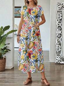 Vestido casual de mujer con estampado floral y manga corta, ideal para vacaciones de verano - Multicolor - Ver 5