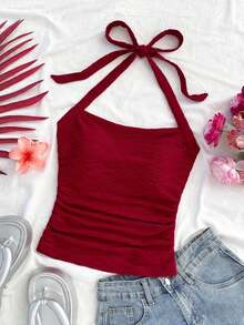 Parte superior corta ajustada con cuello de halter casual para vacaciones de mujer, verano de mujer, sin espalda, ropa de vacaciones de mujer, lunares, primavera de mujer, verano, parte superior para salir de mujer, vacaciones de mujer - Burdeos - Ver 5