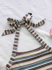Parte superior corta ajustada con cuello de halter casual para vacaciones de mujer, verano de mujer, sin espalda, ropa de vacaciones de mujer, lunares, primavera de mujer, verano, parte superior para salir de mujer, vacaciones de mujer - Azul - Ver 4