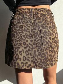 Falda vaquera casual con botones delanteros y bolsillos con estampado de leopardo - Marrón 5 - Ver 5