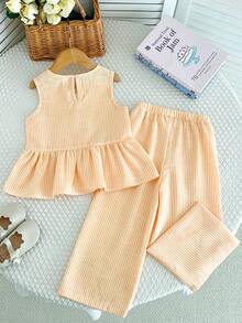 2pcs/Set Girls' Casual Bow Striped Sleeveless Tank Top And Pants Set, Summer - Yellow - View 2