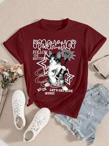 Camiseta de manga corta casual, suelta, con cuello redondo, estampada con letras y gatos para mujer - Multicolor - Ver 3
