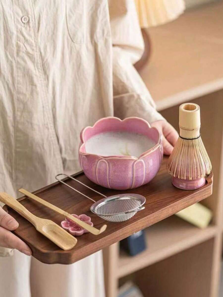 1 pieza/Set de 5 piezas Juego de té Matcha con pétalos de flores, incluye tazón de Matcha, batidor de Matcha, taza de Matcha, varilla de mezcla, cuchara de té, juego de tazones de té, herramientas de preparación de Matcha, herramientas para hacer postres y bebidas, caja de regalo con estilo japonés, juego de batidor de Matcha, regalo para amantes del Matcha