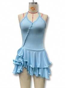 Vestido corto elegante mujer manga campana halter espalda descubierta ajustado con botones estilo europeo nueva moda - Azul - Ver 7