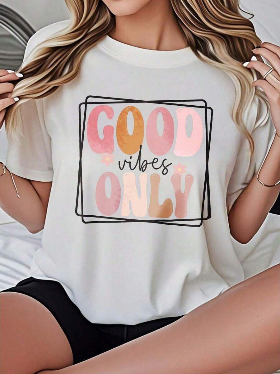 Camiseta de mujer de corte holgado, opciones de color y blanco, camiseta gráfica con estampado Good Vibes Only, top de verano lindo, ropa casual para mujeres, camisetas de verano, camisetas gráficas, atuendos de verano para mujeres, camisetas gráficas, tops cortos para mujeres, tops para mujeres, camisetas de algodón vintage lindas, atuendos de Navidad para mujeres, vestidos elegantes para mujeres, blusas deportivas, camisas de gimnasio para mujeres, pilates, ropa deportiva para mujeres, blusas para mujeres, ropa deportiva, camiseta deportiva para mujeresSuitable for spring, summer and autumneurmuse - Blanco - Ver 1