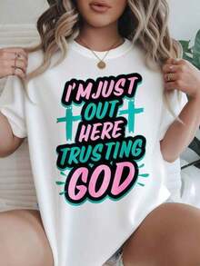 Estoy Aquí Confiando en Dios, Camiseta Casual con Estampado Moderno para Mujer, Adecuada para Todas las Temporadas  
 -Blanco - Blanco - Ver 7