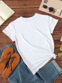 Camiseta suelta de mujer con bandera estadounidense impresa con toro cabeza con gafas - Blanco - Ver 2