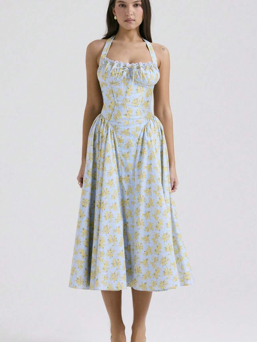 Vestido largo tirantes ajustable con estampado elegante estilo europeo - Verde Pastel - Ver 1