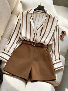 Conjunto de camisa holgada con rayas y pantalones cortos de talle alto en azul marino, conjunto de vestir minimalista y elegante para primavera/verano - Café integral - Ver 3