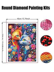 成人彩色猫咪钻石画套装 - 全钻花卉情侣猫咪钻石画，成人动物马赛克套装，成人手工艺术，钻石画墙饰 - 圓鑽 - 查看 8