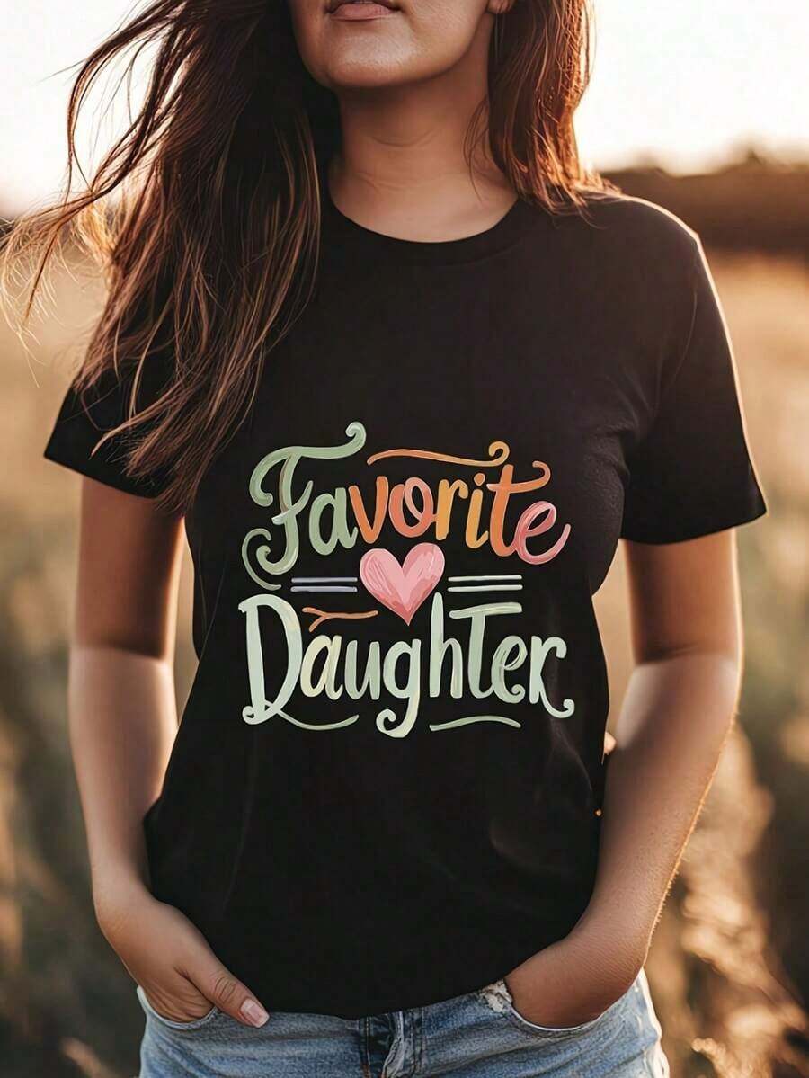 Camiseta de verano para mujer, informal, con estampado gráfico de "Hija Favorita" - Camiseta de manga corta con cuello redondo y estampado vibrante, perfecta para verano y primavera, lavable a máquina, camisetas de moda para damas. - Negro - Ver 1