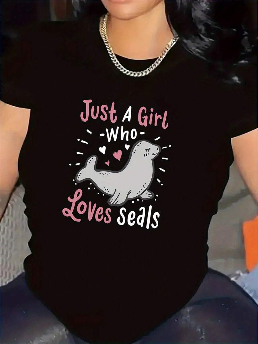 Camiseta de algodón con estampado de focas, adecuada para uso casual en la sala de estar; hecha de un tejido duradero y cómodo, es un regalo ideal para amantes de los animales; ligera y transpirable, adecuada para uso diario. Camiseta de manga corta cómoda y versátil. - Negro - Ver 1