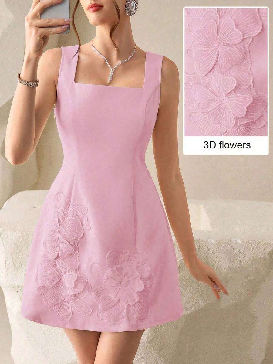 Vestido mini sexy con decoración floral 3D y cinturón a la cintura en color amarillo pálido, adecuado para citas, fiestas y ocasiones formales - Rosa Pálido - Ver 1