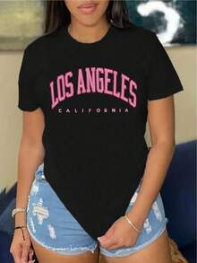 Camiseta de mujer moderna, informal, para fiestas y para estar en casa, 100% algodón, corte holgado.1pscPrinted T-Shirt with LOS ANGELES Letters, Short Sleeve And Round Neck, Casual Top for Summer And Spring, Women'S Clothing100%cotton - Negro - Ver 1