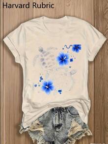 A 100% Cotton Multicolor Crew Neck T-Shirt, With A Dark Gothic Style, Y2K Inspiration, Modern, Retro And Breathable, Suitable For Urban, Casual And Versatile Fashion, With A Print Of Two Sea Turtles And Three Blue Hibiscus Flowers. - 黑色 - 查看 8