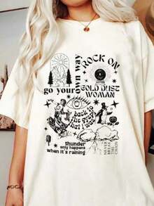 ropa de mujer Camiseta vintage con estampado Fleetwood, cuello redondo casual, manga corta, ropa de verano para mujer, camisetas de moda, camiseta blanca para estudiantes, camisas de mujer - Blanco - Ver 6