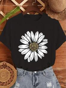 Camiseta Oversize de Mujer con Estampado de Margaritas - Top de Manga Corta Transpirable y Cuello Redondo con Estampado de Margaritas y Verde Oliva, Blusa Casual para Primavera, Verano y Otoño, Camisetas Holgadas Lavables aáquina - Negro - Ver 1