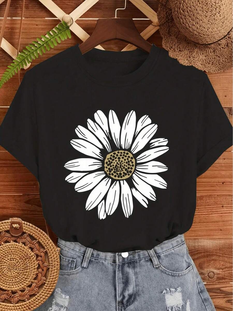 Camiseta Oversize de Mujer con Estampado de Margaritas - Top de Manga Corta Transpirable y Cuello Redondo con Estampado de Margaritas y Verde Oliva, Blusa Casual para Primavera, Verano y Otoño, Camisetas Holgadas Lavables aáquina - Negro - Ver 1