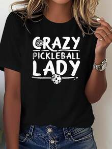 CRAZY PICKLEBALL LADY Letter Print T-Shirt, Casual Short Sleeve Crew Neck Top For Summer And Spring, Women's Clothing - Black - View 6