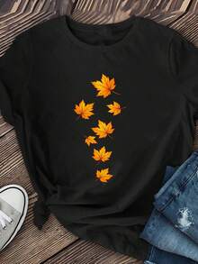 Camiseta de manga corta con estampado de hojas de arce caídas en color naranja clásico, cuello redondo, ropa deportiva para mujer, adecuada para salidas diarias, atuendos de viaje, éxito de  en la vida universitaria. - Negro - Ver 3