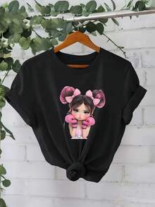 Camiseta de mujer, camiseta casual de manga corta con cuello redondo, camiseta con estampado de chica boxeadora en rosa - elección perfecta para primavera y verano. - Negro - Ver 1