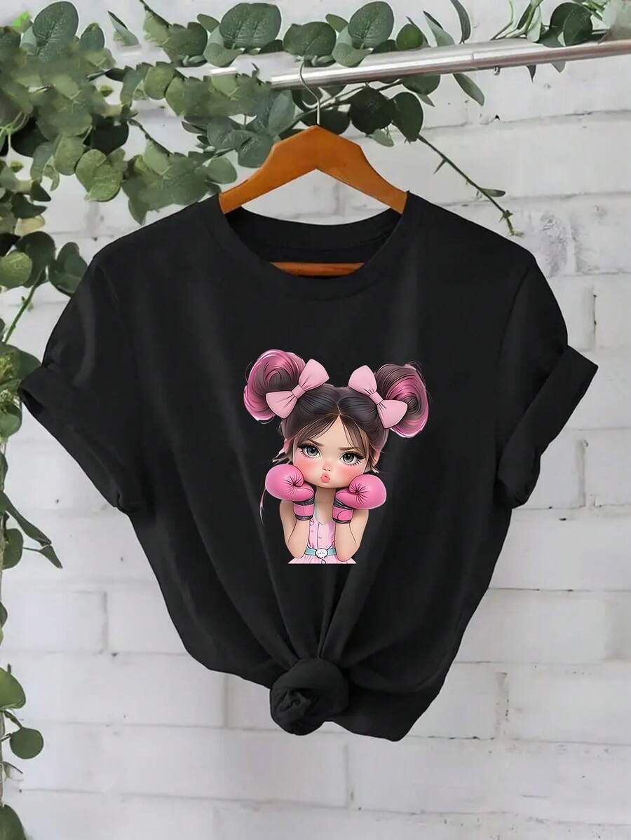 Camiseta de mujer, camiseta casual de manga corta con cuello redondo, camiseta con estampado de chica boxeadora en rosa - elección perfecta para primavera y verano. - Negro - Ver 1