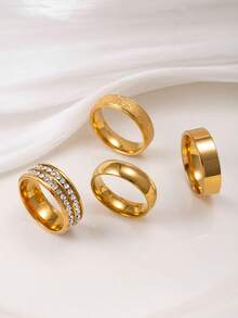 4pcs Elegant Stainless Steel Gold Rings With Zirconia, Polished & Matte Finish, Unisex Rings, Party Accessories - Gold - View 4