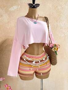 Conjunto de 2 piezas de top asimétrico y shorts de unicolor casual de vacaciones para mujer - Multicolor - Ver 9