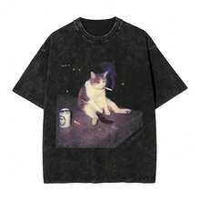 Camiseta con meme divertido de gato fumando un cigarrillo, camiseta de algodón para hombre, camiseta divertida para mujer, camiseta de cuello redondo, ropa superior, regalo. - Negro - Ver 1