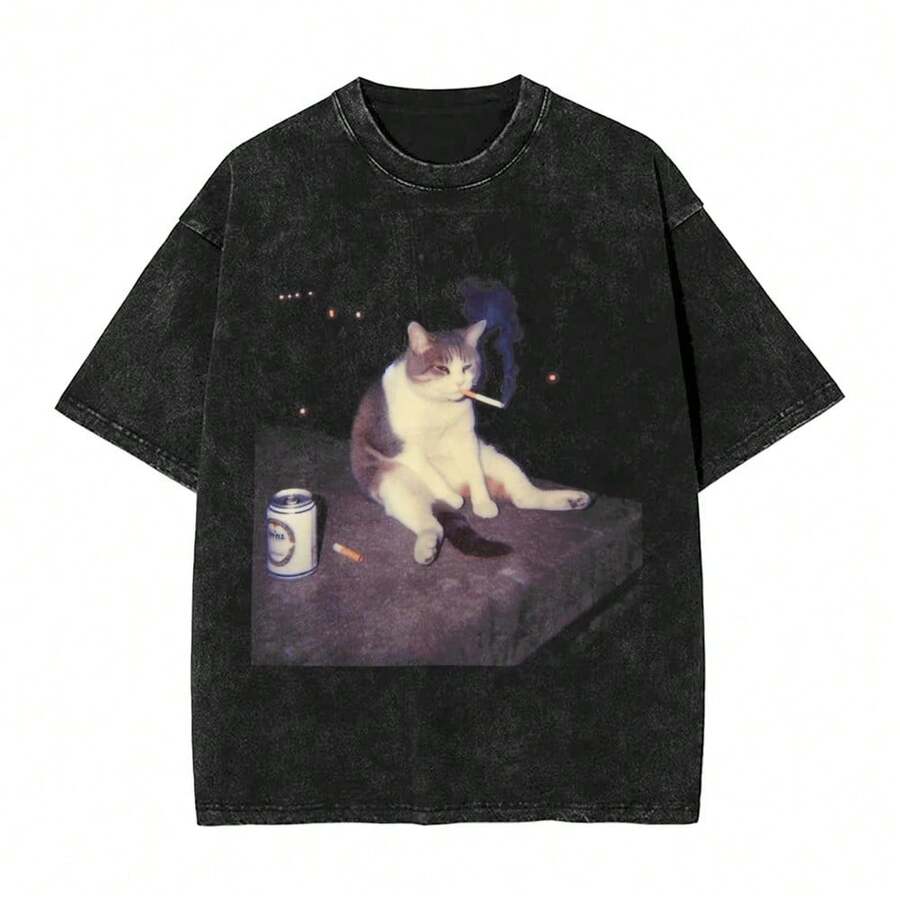 Camiseta con meme divertido de gato fumando un cigarrillo, camiseta de algodón para hombre, camiseta divertida para mujer, camiseta de cuello redondo, ropa superior, regalo. - Negro - Ver 1