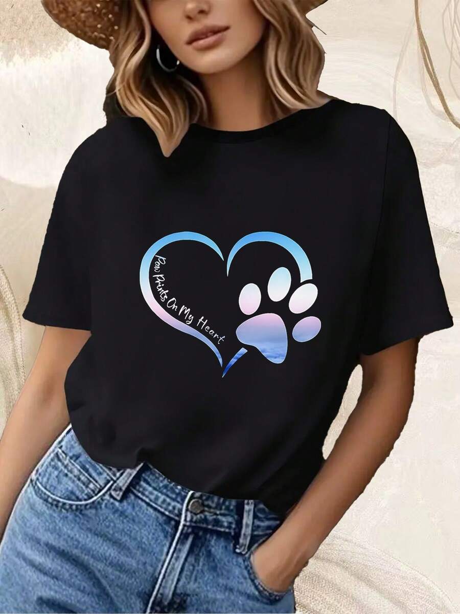 Camiseta de cuello redondo con estampado de huellas de patas en forma de corazón y degrdo azul y rosa "Huellas de patas en mi corazón" para amantes de las mascotas, decoración para na de coche, para uso casual, manga corta, tela ligerara todas las estaciones, camiseta casual de manga