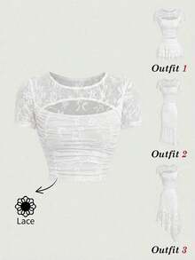 Camiseta casual de mujer con bordado de encaje transparente, adecuada para citas y viajes - Blanco - Ver 8