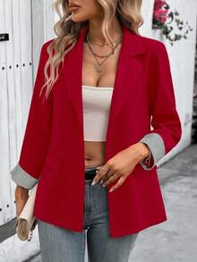 Clasi Chaqueta ligera de estilo casual de negocios para mujer, con cuello de solapa, apta para el lugar de trabajo, de unicolor, para primavera/otoño - Rojo - Ver 1