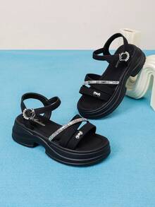 Summer New Black Crystal Wedge Sandals, Soft Sole Comfortable Platform Shoes, Versatile Daily Wear Roman Sandals - Black - View 6