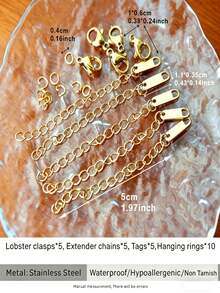 Conjunto de 25 Peças de Joalheria em Aço Inoxidável Dourado, Adequado para Criação de Colares e Pulseiras DIY - O Conjunto Completo Inclui 5 Fecho Tipo Lagosta, 5 Correntes de Extensão, 5 Pingentes e 10 Argolas de Suspensão - Design Anti-Desbotamento e À Prova d'Água, Perfeito para Joias Femininas Artesanais com Excelente Qualidade - Conjunto de corrente de extensão - Visão 6
