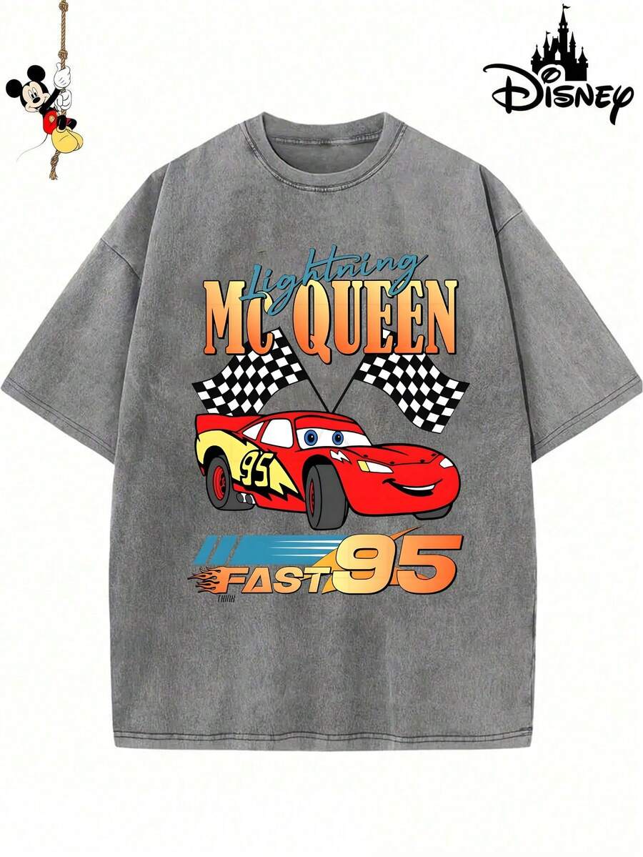 Men's Disney Washed Vintage Crew Neck Top, Lightning McQueen Checkered Flag Retro Print, Premium Cotton Street Tee. - Xám - Xem 1
