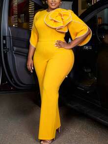 Plus Size Slim Fit Jumpsuit, O-Neck Short Flare Sleeve, 3D Floral Pearl Chain, High Waist Wide Leg Pants, Elegant Commute Business Party Occasions - Yellow - View 2