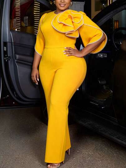 Plus Size Yellow Fitted Jumpsuit O Neck Short Flare Sleeves 3D Flower Pearl Chain High Waist Wide Leg Long Pants Elegant Office Business Party Occasions