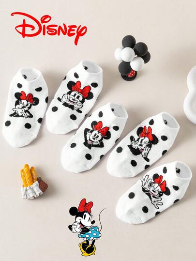  10/5/1 Đôi tất Disney, tất cổ ngắn màu trắng hình chuột Minnie dễ thương với nơ và chấm bi, tất hoạt hình thoáng khí và thoải mái cho trẻ em, phù hợp cho học sinh, trẻ em cỡ châu Âu và Mỹ, quà tặng và mặc hàng ngày.