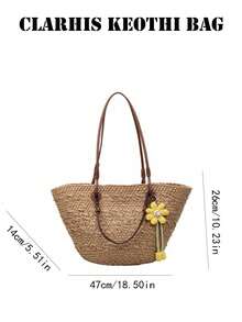 This Fresh Floral-Decorated Straw Tote Bag With A PU Shoulder Strap Is A Must-Have Large-Capacity Bag For Students And Office Workers On Summer Beach Trips. - Brown - View 5