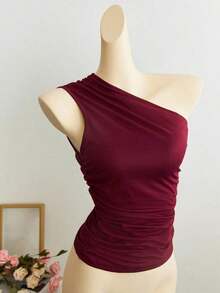 Blusa corta de un hombro con pliegues color albaricoque, minimalista, casual, elegante y versátil para uso diario de mujer, primavera/verano - Burdeos - Ver 1